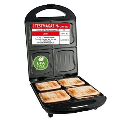 Abbildung von Emerio XXL Sandwich Toaster TEST GUT für alle Toastgrößen geeignet 4x große Muschelform die ganze Familie Käse läuft nicht aus kein Verschmieren BPA frei 1300 Watt Sandwichmaker 4er