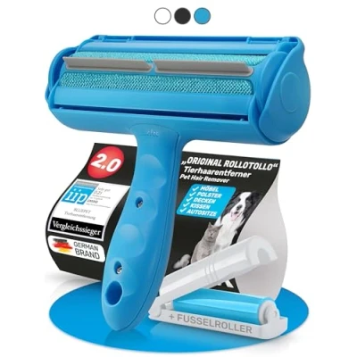 Abbildung von BluePet Selbstreinigende Fusselrolle Tierhaarentferner für Haustierhaar, Entfernung Tierhaaren Fusselbürste Hundehaare &amp; Katzenhaare (RolloTollo BLAU + Mini Fusselroller)