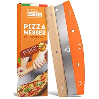 Abbildung von Pizza Mondo® Pizzaschneider Profi Pizzamesser (Pizza Cutter) effektiver als Pizzaroller Premium Wiegemesser aus Edelstahl 32cm mit Holzgriff Schnelles und gleichmäßiges Schneiden