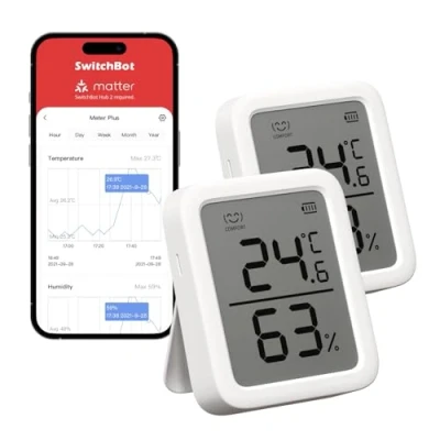 Abbildung von SwitchBot Innen Thermometer Hygrometer 2 Stück, Innentemperatur Feuchtigkeitssensor mit intelligenter Warnung und 68 Tage Datenspeicherung, Bluetooth Raumthermometer für Baby, Zuhause, Garage