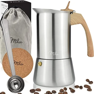Abbildung von Milu Espressokocher Induktion geeignet 2, 4, 6, 9 Tassen Edelstahl Mokkakanne, Espressokanne, Espresso Maker Set inkl. Untersetzer, Löffel (Griff: Holzoptik, 6 (300 ml))