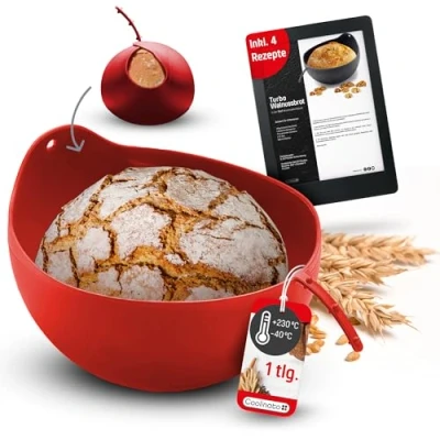 Abbildung von Coolinato Silikonform 3 in 1 Universalschüssel 24 cm Teigschüssel, Gärkörbchen und Brotbackform einem BPA Frei &amp; Backofenfest bis 230C Platin Silikon Ideal zum Mixen Brotbacken Rot