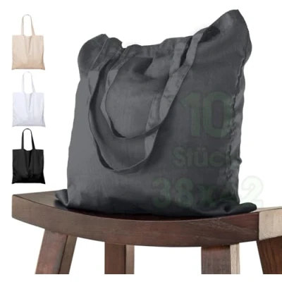 Abbildung von ELES VIDA Baumwolltasche lange henkel (10er Paket in 38x42) DUNKELGRAU ÖKO TEX ® geprüfte QUALITÄTSWARE, Tragetasche, Jutebeutel, Stoffbeutel, Einkaufstasche, Bag 100% Baumwolle