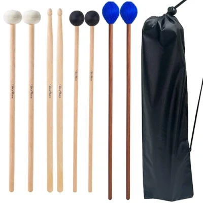 Abbildung von VixxNoxx 4 Stück Schlagzeugstöcke Stahlzungentrommel Xylophon Schlägel 9,45 Zoll Gummi Trommel Mallets mit 2 Halter Holz Percussion