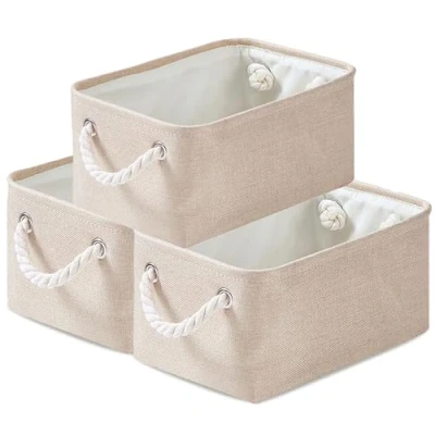 Abbildung von Mangata Stoff Aufbewahrungsboxen, Faltbare Aufbewahrungsbox mit Seilgriffen für Regale, Schrank, Kleiderschrank, 3er Pack (Elfenbeinfarben, S)