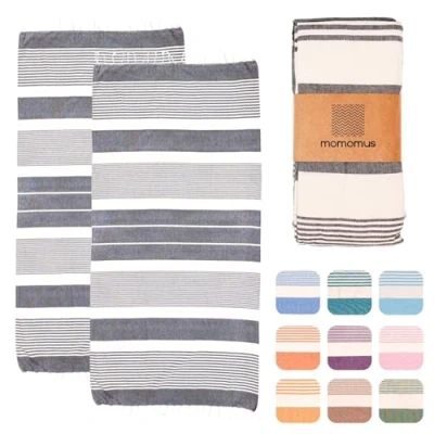 Abbildung von MOMOMUS Pack von 2 Fouta XL oder Strandhandtuch Baumwolle 100% Saugfähig, Ultraweich, Kompakt Strandtuch Fransen und Hamamtuch Dünn Sauna, Spa Pool Grau, 90x180cm