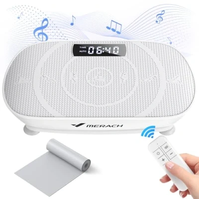 Abbildung von MERACH Vibrationsplatte, Leistungsstarke Vibrationsplattform für Ganzkörpertraining, Muskelaufbau und formung, Automatische Geschwindigkeitsregelung, Eingebauter Bluetooth Lautsprecher (Grau)