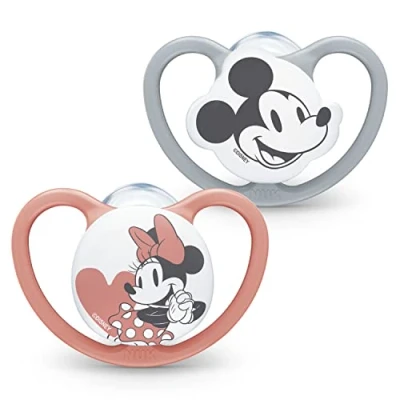 Abbildung von NUK Space Schnuller 6 18 Monate mit extra Belüftung BPA freies Silikon Disney Mickey Maus grau und rosa 2 Stück