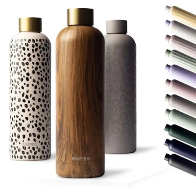 Abbildung von MAMEIDO Trinkflasche Edelstahl 1l, 750ml &amp; 500ml auslaufsichere Thermosflasche, Kohlensäure geeignet, BPA frei, Isolierflasche 12h heiß 24h kalt (Oak Wood Gold, 1000ml)