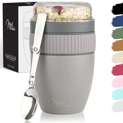 Abbildung von Milu Müslibecher to go 400ml MüsliMax I isolierter Edelstahl Joghurtbecher für Müsli auslaufsicherer Becher mit Löffel Yoghurt/Porridge (Taupe Grau)