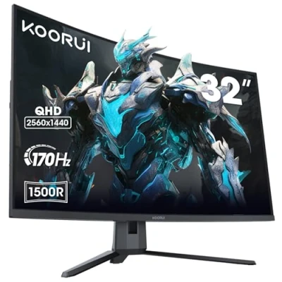Abbildung von KOORUI 32 Zoll Curved Ultrawide Gaming Monitor, 2K QHD(2560x1440), 170Hz, 1ms, 1500R, VA, HDR 10, 2xHDMI (170Hz or 144Hz), DP (170Hz), AdaptiveSync, DCI P3 90%, SRGB100%, VESA 75x75mm, Augenpflege