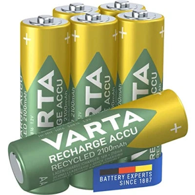 Abbildung von VARTA Batterien AA, wiederaufladbar, 6 Stück, Recharge Accu Recycled, Akku, 2100 mAh Ni Mh, aus 21% recyceltem Material, vorgeladen, sofort einsatzbereit