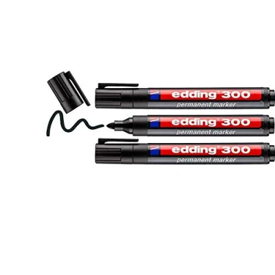 Abbildung von edding 300 Permanentmarker schwarz 3 Stifte Rundspitze 1,5 mm wasserfest, schnell trocknend wischfest für Karton, Kunststoff, Glas, Holz, Metall, Glas