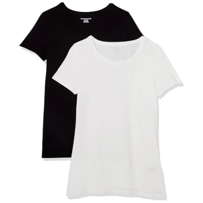 Abbildung von Amazon Essentials Damen T Shirt mit kurzen Ärmeln und Rundhalsausschnitt in normaler Passform, 2er Pack, Schwarz/Weiß, L