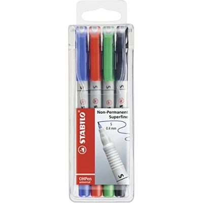 Abbildung von STABILO Folienstift OHPen universal wasserlöslich superfein 4er Pack grün, rot, blau, schwarz