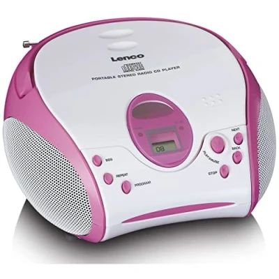 Abbildung von Lenco SCD 24 Kids CD Player für Kinder Radio mit Aufklebern Boombox UKW Radiotuner Titel Speicher 2 x 1,5 W RMS Leistung Netz und Batteriebetrieb Rosa