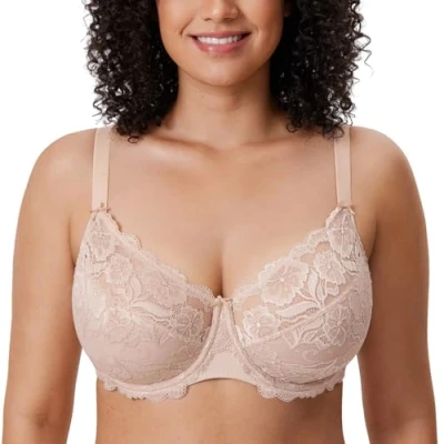 Abbildung von DELIMIRA Damen Vollschalen BH ungefütterte Spitze Tüll Cup,mit Bügel Beige 95C