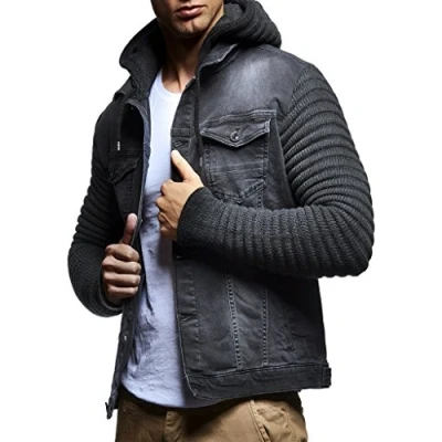 Abbildung von Leif Nelson Jeansjacke Herren (Grau, Größe M), Jeans Denim Kapuzenjacke, Männer Jacke mit coolen Strickärmel, modernes Design Regular Fit