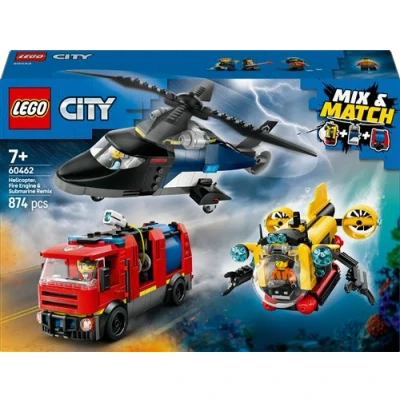Abbildung von LEGO City Kombinationsset mit Hubschrauber, Löschauto und U Boot 3 Minifiguren Baubare Spielzeug Fahrzeuge für Jungen Mädchen ab 7 Jahren Geschenk zum Geburtstag &amp; die Feiertage 60462