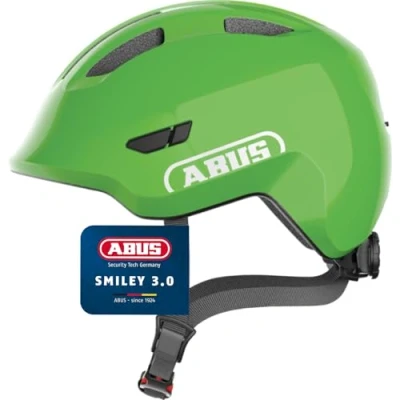 Abbildung von ABUS Kinderhelm Smiley 3.0 Fahrradhelm mit tiefer Passform, kindergerechten Designs &amp; Platz für einen Zopf Mädchen und Jungs Grün Roboter Muster, Größe S