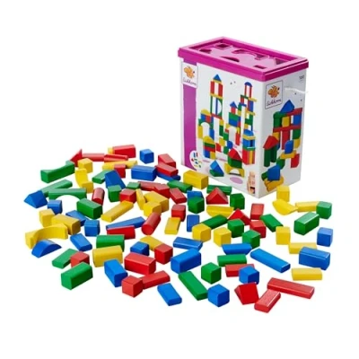 Abbildung von Eichhorn 100010171 100 bunte Holzbausteine in der Aufbewahrungsbox mit Kordel und Sortierdeckel, für Kinder ab 1 Jahr
