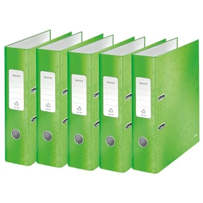 Abbildung von Leitz Qualitäts Ordner 180, 5er Pack, A4, 8 cm Rückenbreite, laminierte Graupappe, Grün, WOW Serie, 10054054