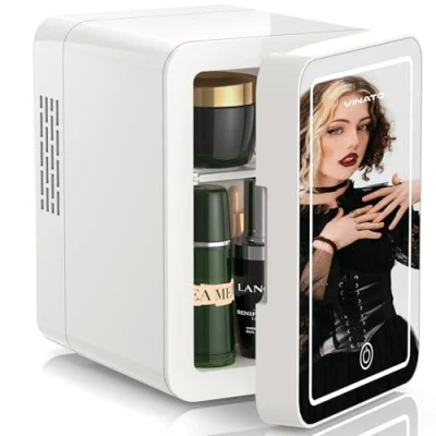 Abbildung von VINATO Mini Kosmetik Kühlschrank, 4L Kühlschrank mit LED Spiegel, 220 V AC/12 DC Kleiner Hautpflege Kühl /Heizfunktion, für Autos Büro Schlafzimmer Schlafsäle