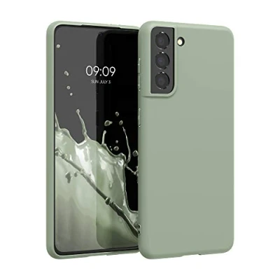 Abbildung von kwmobile Hülle kompatibel mit Samsung Galaxy S21 weiches TPU Silikon Case Cover geeignet für kabelloses Laden Graugrün