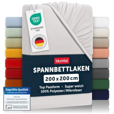Abbildung von Blumtal® Spannbettlaken 200x200 cm aus Microfaser Oekotex zertifiziertes Bettlaken Spannbetttuch cm/Leintuch Bettbezug Moonlight Grey Grau