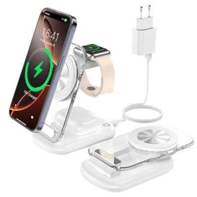 Abbildung von Mag Safe Ladestation, 3 in 1 Ladegerät, faltbar einstellbar Winkel mit Atmosphärenlicht, Kompatibel Telefon IWatch/Airpods, für iWatch iPhone 16/15/14/13, Weiss