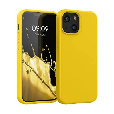 Abbildung von kwmobile Hülle kompatibel mit Apple iPhone 13 Mini Silikon Handy Case Handyhülle weiche Oberfläche kabelloses Laden Strahlend Gelb