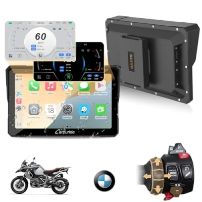 Abbildung von Carpuride W702BS Pro Motorrad CarPlay Bildschirm mit Nativ Wonder Wheel für BMW Motorrad, Kabelloses &amp; Android Auto, 7&quot; Wasserdichter Touchscreen, Dual Bluetooth, Gegensprech, Datenauslesung.