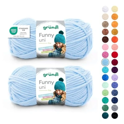 Abbildung von Gründl Wolle Funny uni, weiches Chneillegarn zum Stricken und Häkeln aus 100% Polyester, 2 Knäuel (100 g/ 120 m, Nadelstärke: 5 6), Pastellblau