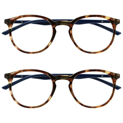 Abbildung von OPULIZE Met Brille Blaulichtfilter 2er Pack Schlank Runder Rahmen Federscharniere Verbessert Schlaf Computerbrille Gaming Entspiegelt Braun Schildpatt Herren Damen BB60 2 +0.00