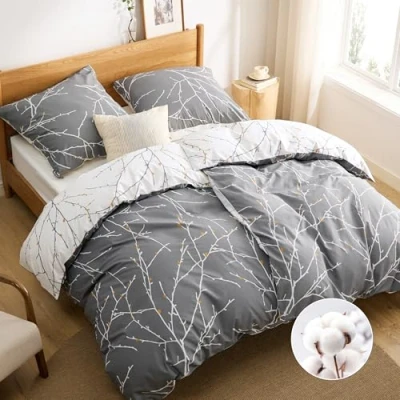 Abbildung von BEDSURE Bettwäsche 135x200 4teilig Baumwolle Sets Grau Bettbezug 2er Set mit 2 Kissenbezüge 80x80 cm, Warm Reißverschluss Zweige Muster