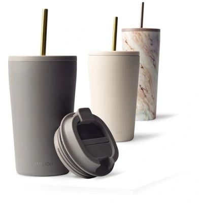 Abbildung von MAMEIDO Thermobecher mit Strohhalm 470ml &amp; 700ml Trinkbecher Deckel und aus Edelstahl doppelwandig isoliert, auslaufsicher Coffee to go Becher (Taupe Grey, 0,47l)
