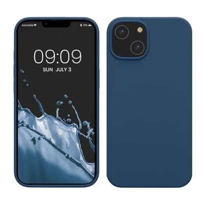 Abbildung von kwmobile Hülle für das iPhone 14 dünnes Silikon Handy Case stoßfeste Handyhülle mit weicher Oberfläche unterstützt kabelloses Laden Dunkelblau