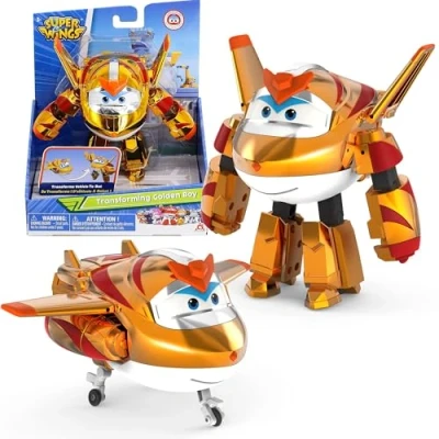 Abbildung von Super Wings Transforming Golden Boy, ca. 12.7 cm große verwandelbare Spiel Figur, Spielzeug Flugzeug und Roboterfigur für 3+ Jahre Alten Jungen Mädchen, Goldene