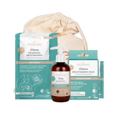 Abbildung von MABYEN Wochenbett Set für Mamas Erstausstattung die ersten Wochen mit Baby nach der Geburt 3x Weißkohl Brustmaske, 10x Brustwarzen Pads, 1x Mandelöl
