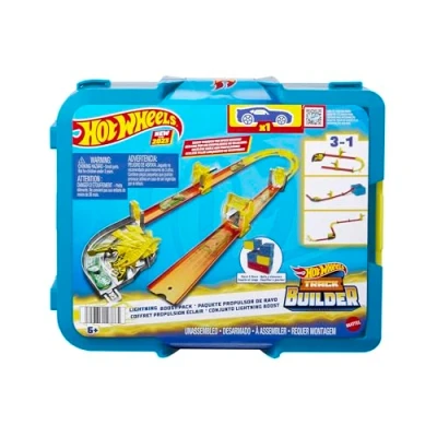 Abbildung von Hot Wheels Blitz Starter Set Modulare Aufbewahrungsbox mit Track Bauteilen wie und Kurvenbeschleunigern, Flippern geraden Tracks, inklusive 1 Auto, für Kinder ab 4 Jahren, HMC03