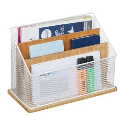 Abbildung von Relaxdays Dokumentenhalter, Briefständer 3 Fächer, HBT 20 x 29 14 cm, Metall &amp; Bambus, Aktenablage stehend, Natur/weiß