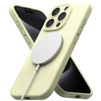 Abbildung von Ringke Magnetic Case Kompatibel mit iPhone 15 Pro Hülle 6,1 Zoll MagSafe [Silicone Magnetic] Kameraschutz und Weiches Gefühl Silikon Magnetische Handyhülle Sunny Lime