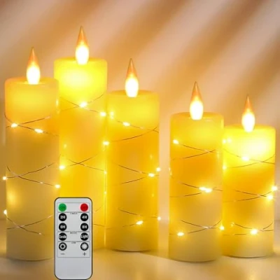 Abbildung von Da by LED Kerzen mit Einbau Lichterkette, 5 Fernbedienung, 24 Stunden Timer Funktion, tanzende Flamme, echtes Wachs, batteriebetrieben.