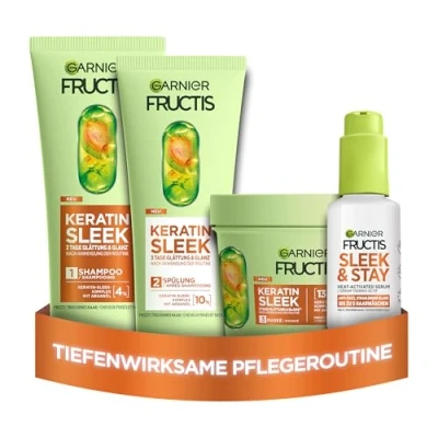 Abbildung von Garnier Fructis Keratin Sleek Haarpflege Set für trockenes und Frizz neigendes Haar, mit Shampoo 200ml, Spülung Maske 370ml Serum 50ml
