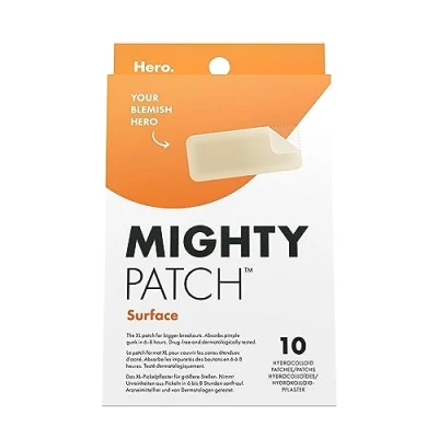 Abbildung von Mighty Patch Surface Pickel Patches von Hero Cosmetics, XL Hydrokolloid Pflaster, Aknebehandlung für Tag &amp; Nacht, 10 große Pflaster Gesicht Körper