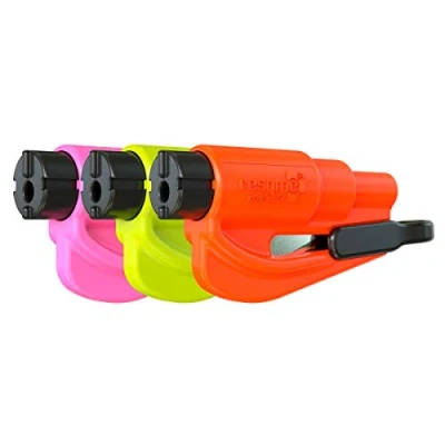 Abbildung von resqme Familien 3er Pack, das Original Notfall Schlüsselanhänger Auto Fluchtwerkzeug, 2 in 1 Sicherheitsgurtschneider und Fensterbrecher, Orange, Sicherheitsgelb, Rosa