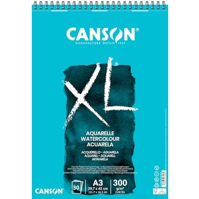 Abbildung von CANSON XL Aquarellpapier, fein, 300 g/m², an der kurzen Seite spiralgebundener Block, DIN A3, 29,7 x 42 cm, Weiß, 30 Blatt