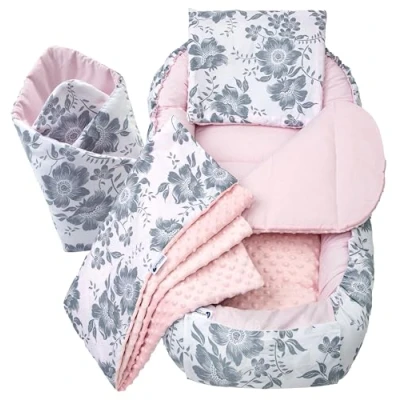 Abbildung von Medi Partners 5 teilig Babynestchen Set Babynest 100x60x15 herausnehmbarer Einsatz Bett Kuschelnest Krabbeldecke Babys Neugeborene 100% Baumwolle (Berry mit Rosa Minky)