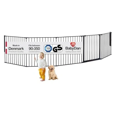 Abbildung von BabyDan Flex XXL, 90 350 cm, Kaminzaun/Treppengitter/Raumteiler/Kaminumrandung, Schwarz, Hergestellt in Dänemark Kinderschutzgitter/Sicherheitsgitter (Haustiergitter/Hundegitter/Hundespielgehege)