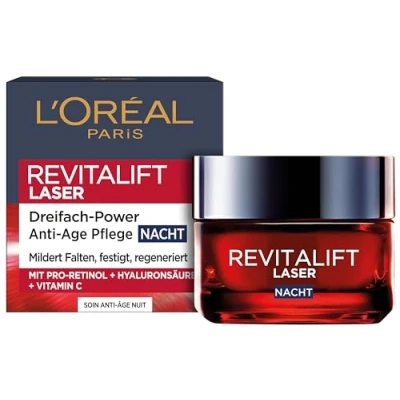 Abbildung von L&#039;Oréal Paris Nachtpflege, Straffende und aufpolsternde Anti Aging Gesichtspflege Mit 3 fach Wirkung LSF 25, Hyaluronsäure, Vitamin C Pro Retinol, Revitalift Laser X3, 50 ml